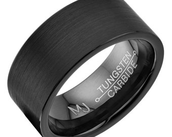 Brushed Black Plated 9mm Tungsten Carbide Pipe Cut Wedding Band Ring. FREE LASER ENGRAVING