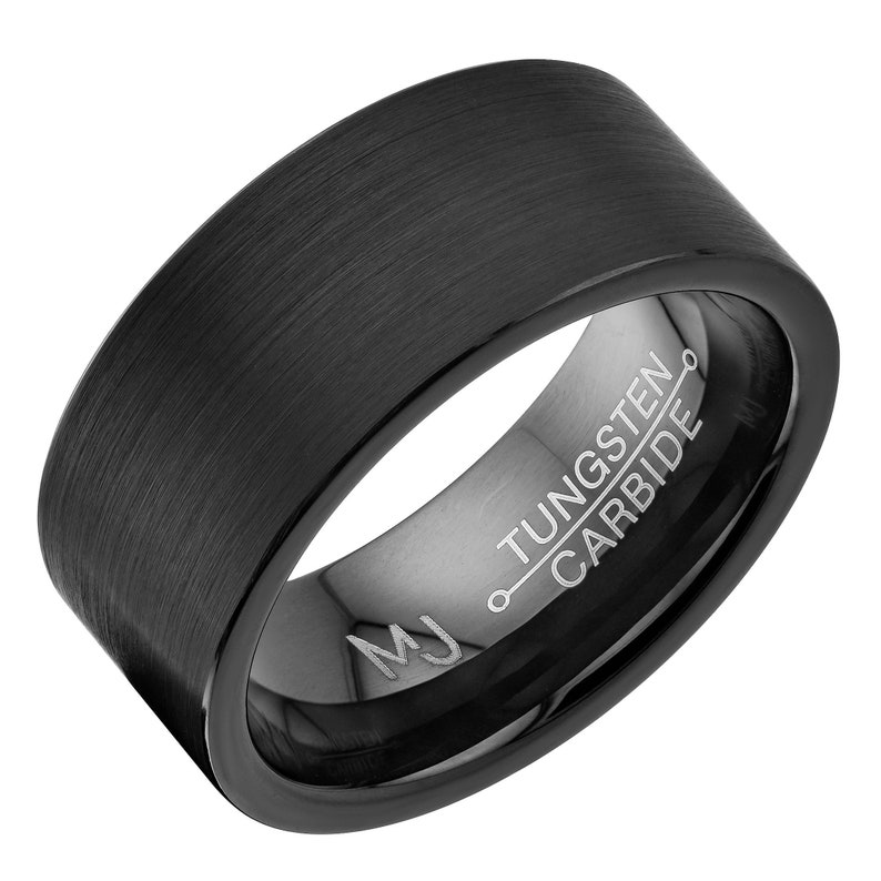 Brushed Black Plated 9mm Tungsten Carbide Pipe Cut Wedding Band Ring. FREE LASER ENGRAVING image 1