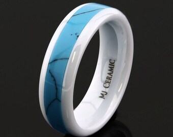 White Ceramic Wedding Band, Inlay Made from Real Turquoise, 6mm Ring