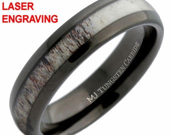 6mm Black Plated Tungsten Carbide or Polished Band With Natural Deer Antler Inlay. Free Inside Laser Engraving