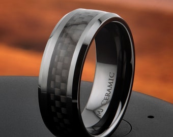 8mm Black Ceramic Carbon Fiber Wedding Band Comfort Fit Ring Flat with Recessed edges or half Dome style