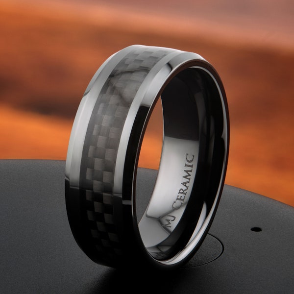 8mm Black Ceramic Carbon Fiber Wedding Band Comfort Fit Ring Flat with Recessed edges or half Dome style