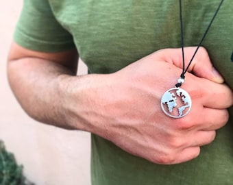 Antique Silver World Map Necklace: Adjustable Travel Pendant
