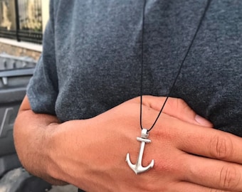 Silver Anchor Pendant Necklace: Nautical Maritime Jewelry, Adjustable Cord