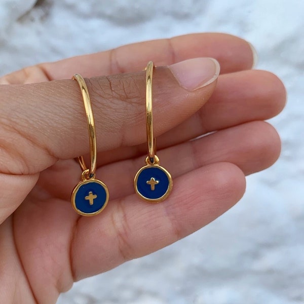 Cross Earrings, Cross Hoop Earrings, Cross Charm Earrings, Cross Gold Earrings, Cross Jewelry, Religious Earrings, Made in Greece
