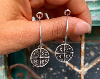 Konstantino Coin Earrings, Greek Byzantine Style, Antique Silver Hoops, Konstantinato Earrings, Made in Greece