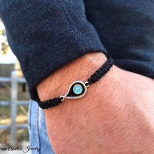 Men&#39;s Evil Eye Macrame Bracelet: Black & Turquoise Enamel, Greek Protection Jewelry