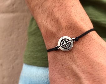 Antique Silver Compass Bracelet: Macrame Nautical Jewelry