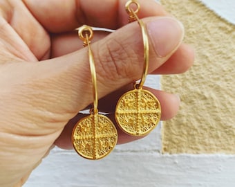 Gold Plated Konstantino Coin Earrings: Greek Byzantine Jewelry