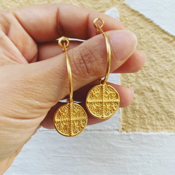 Konstantino Earrings, Konstantinato Earrings, ICXC NIKA Coin Earrings, Greek Byzantine Earrings, Christian Earrings, Made in Greece