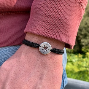 Compass Bracelet: Antique Silver Charm, Black Macrame, Nautical Jewelry, Made in Greece