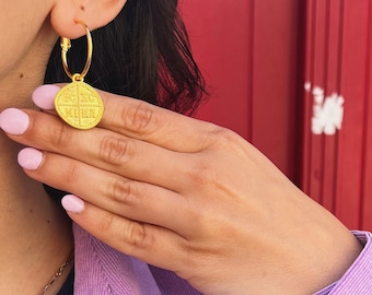 Gold Plated Konstantino Coin Hoop Earrings, Greek Byzantine Jewelry, Cross Jewelry, Made in Greece