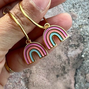 Rainbow Hoop Earrings: Gold Plated, Enameled Charms - Irene Andrea Jewelry