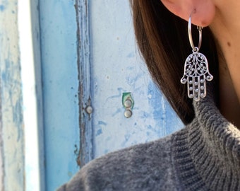 Hamsa Hand Hoop Earrings, Antique Silver Fatima Charms, Religious Earrings, Made in Greece
