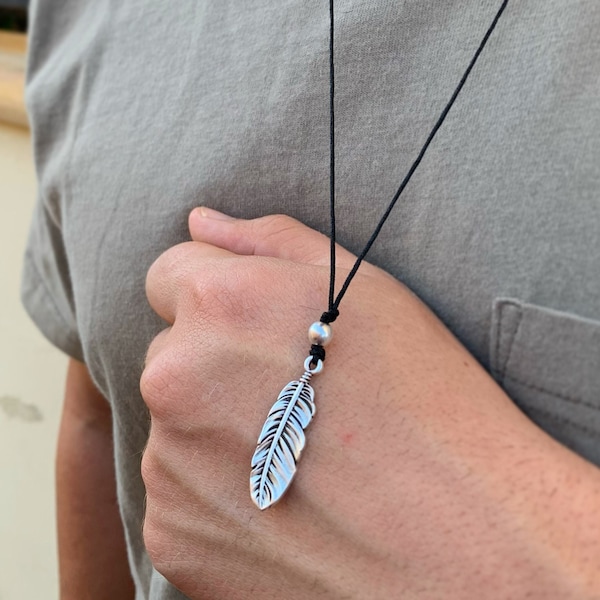 Feather Necklace, Silver Feather Necklace, Minimalist Feather Pendant, Feather Jewelry, Men Necklace, Gift for Him, Made in Greece