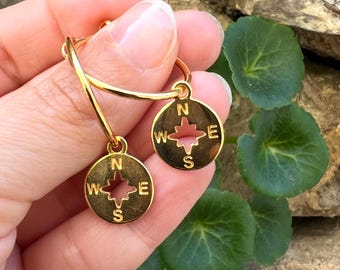 Gold Plated Compass Hoop Earrings, Nautical Travel Jewelry, Made in Greece