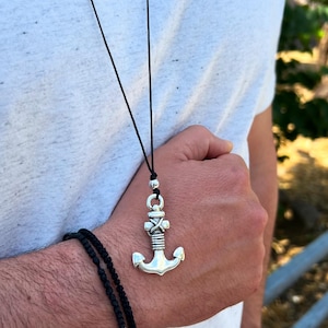 Silver Plated Anchor Necklace, Adjustable Cotton Cord, Nautical Jewelry, Made in Greece