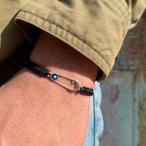 Safety Pin Evil Eye Bracelet, Macrame Cord, Unisex Protection Jewelry, Made in Greece