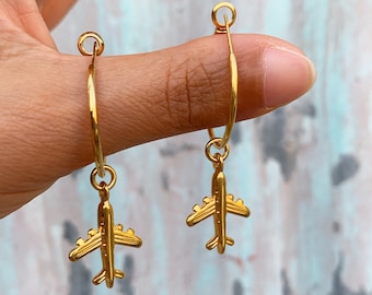 Gold Plated Airplane Hoop Earrings: Aviation Jewelry