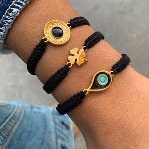 Macrame Evil Eye Bracelet, Gold Clover, Greek Mati Jewelry, Protection Jewelry, Made in Greece