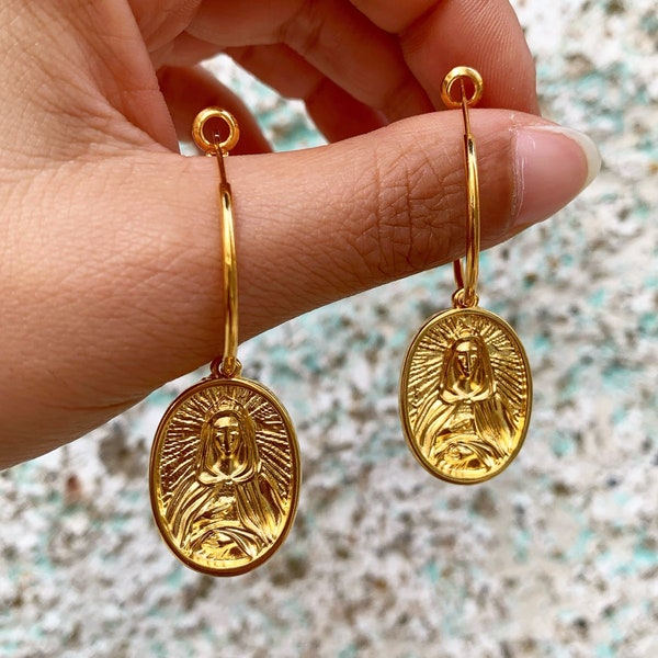 Madonna Earrings, Virgin Mary Earrings, Madonna Hoop Earrings, Virgin Mary Hoop Earrings, Madonna Jewelry, Religious Earrings, Gift for Her