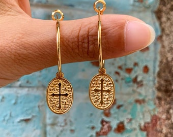 Cross Earrings, Cross Jewelry, Cross Hoop Earrings, Hoop Earrings, Protection Earrings, Religious Earrings, Greek Earrings, Gift for Her