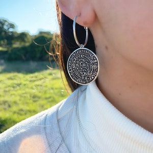 Handmade Silver Plated Phaistos Disc Hoop Earrings, Ancient Greek Jewelry, Made in Greece