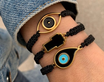 Gold Plated Evil Eye Bracelet: Black Enamel Cross, Adjustable Cord