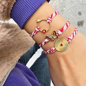 Greek Martis Bracelet: Red & White Cord, Gold Evil Eye Charm