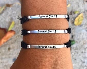 Forever Young Bracelet, Metal Phrase, Black Macrame, Unisex Jewellery, Made in Greece