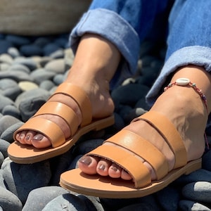 Greek Leather Sandals, Strappy Sandals, Greek Sandals, Brown Leather Sandals, Stripe Sandals, Women Sandals, Made in Greece, Genuine Leather