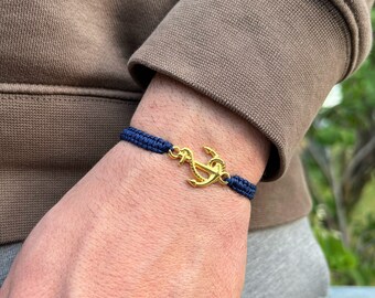Unisex Gold Anchor Bracelet, Navy Macrame Nautical Jewelry, Made