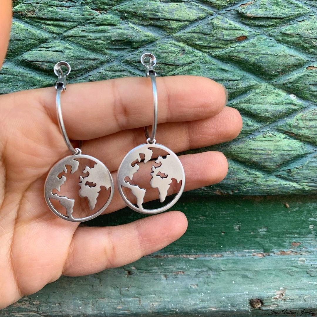 Antique Silver World Map Hoop Earrings: Made in Greece - Etsy