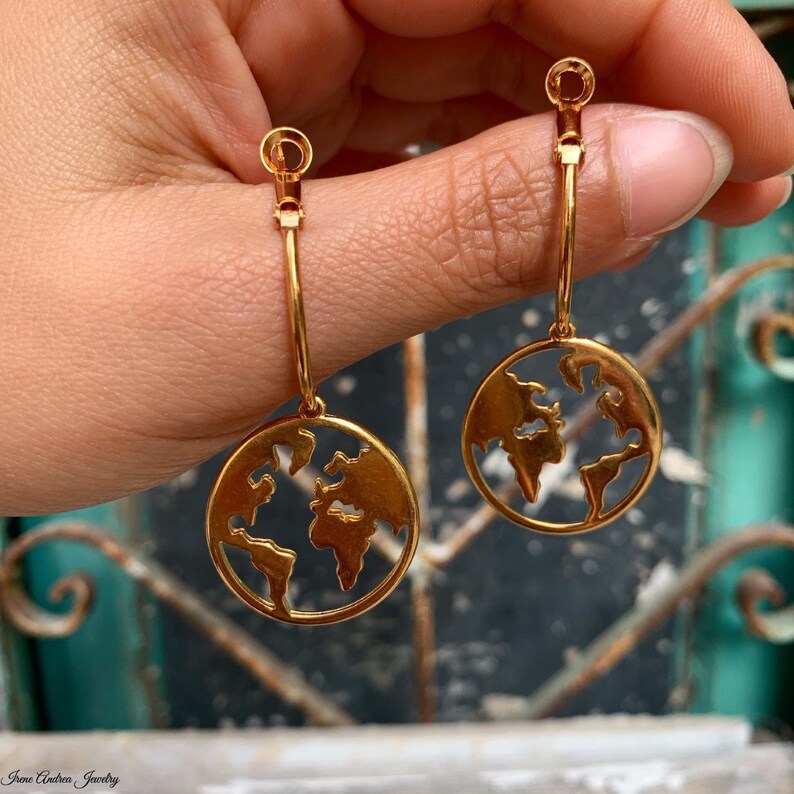 World Map Earrings, Earth Hoop Earrings, World Earrings, Map Earrings