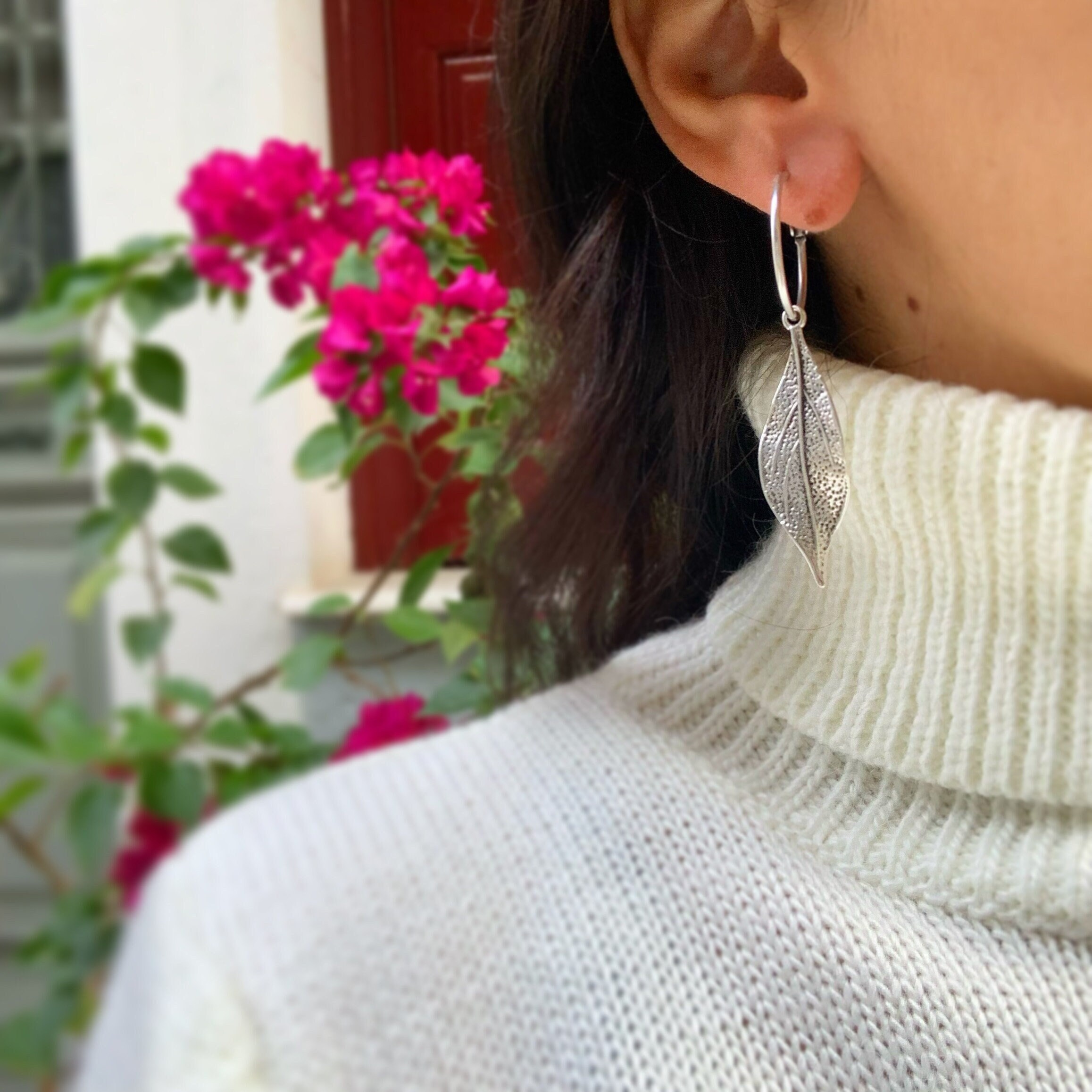 Silver Plated Leaf Hoop Earrings, Greek Jewelry, Made in Greece