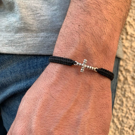 Men Leather Cross Bracelet Silver Cross Bracelet Religious 