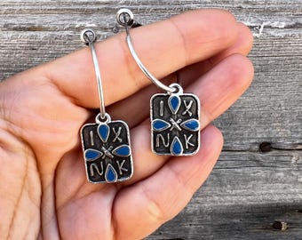 Greek Konstantino Hoop Earrings: Silver Plated Byzantine Charms, ICXC NIKA Jewelry