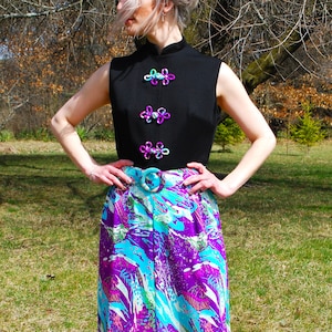 60’s 70’s Vintage Maxi Dress, Chinoiserie, Oriental Asian, Mandarin Collar, Frogs, Belt, MOD Psychedelic, Hippie, Retro, Festival, Size S/M