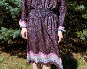 60’s 70’s Vintage Floral Print Dress, Long Sleeves, On/Off the Shoulder, Gypsy, Boho Festival, Flower Child, Chic, Hipster, Midi, Size S / M