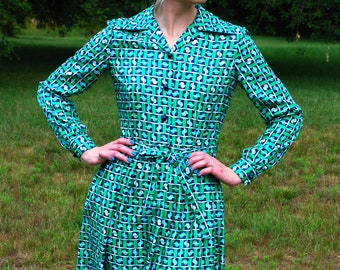 60’s 70’s Vintage MOD Dress, A-Line, Shirtwaist, Handmade, Disco Wing Collar, Secretary Day Dress, Geometric OP Art Print, Sleeves, Size S/M