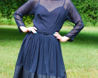 50’s Vintage A New DEB Frock New York Dress, Navy Blue Chiffon, Sweetheart Neckline, Sleeves, Bow, Designer, Cocktail Party Dress, Size S