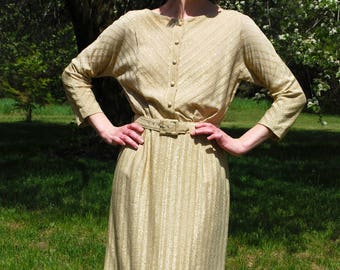 Vintage 50’s ELINOR PORTER Gold Dress, Lamé Striped, Shirtwaist Dress, Button-Up, Matching Belt, 3/4 Sleeves, Mad Men, Holiday, Size S/M