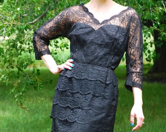 40s Vintage Black Lace Dress, Ferman-O’Grady, Floral Lace Tiers, Sleeves, Wiggle Dress, Cocktail Dress, Christmas Dress, Size M/L