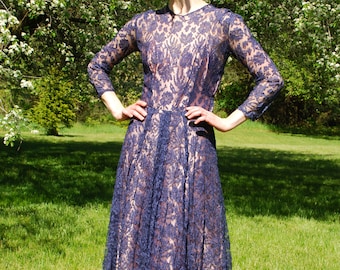 50s 60s Vintage Royal Blue Floral Lace Dress, Satin Mauve Layer, Illusion Neckline & Sleeves, Holiday Cocktail Party Dress, Size S
