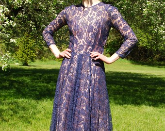 50s Royal Blue Floral Lace Dress, Illusion Neckline, Cocktail Party, Size S