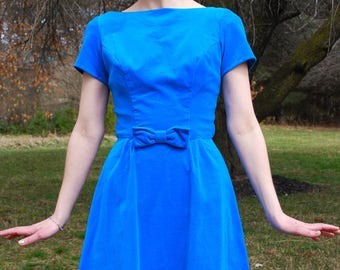 Vintage 50’s Lorrie & Deb of San Francisco Velvet Dress, Cyan Blue, ILGWU-Afl Cio Tag Made in USA, Bow, Sheath Wiggle Dress, Mad Men, Size S