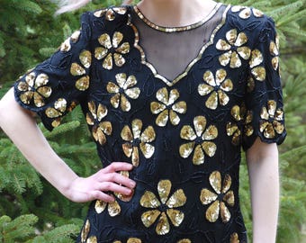 80’s Vintage Sténay Sequin Beaded Top, Silk Sheer Illusion, Floral, Black & Gold, Made in India, New Years Cocktail Evening, Size S/M