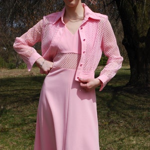 70s Vintage MONTGOMERY WARD Dress & Crop Jacket, Pink, Sheer Mesh Illusion, Rhinestone Buttons, Maxi Gown, Matching Set, Festival, Size M image 1