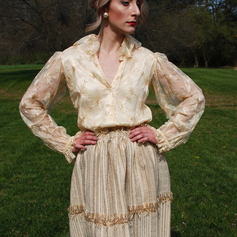 Vintage Grey Fringe Blouse Cuffed Statement ... ^^^