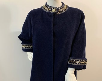 50’s Vintage Julie Inc Detroit Wool Coat, Navy Blue, Pearl Beaded/Embroidered Collar & Cuffs, 3/4 Sleeves, Size S-L